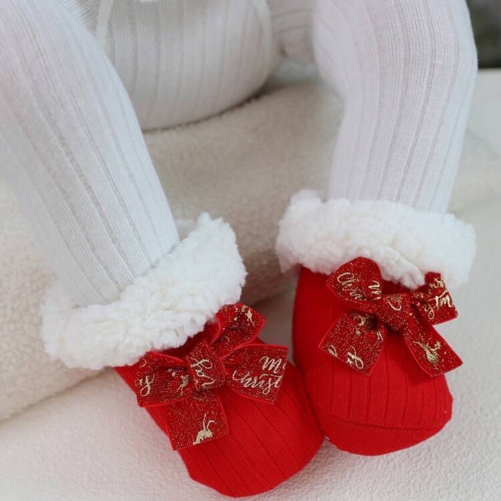 Cozy Red and White Baby Booties with Bow